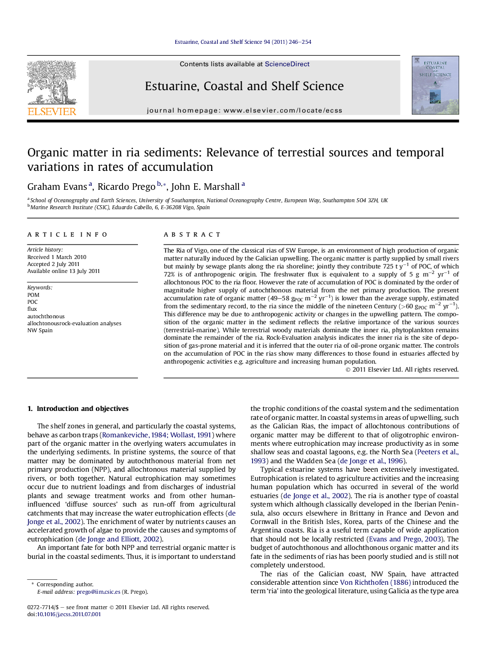 Organic matter in ria sediments: Relevance of terrestial sources and temporal variations in rates of accumulation