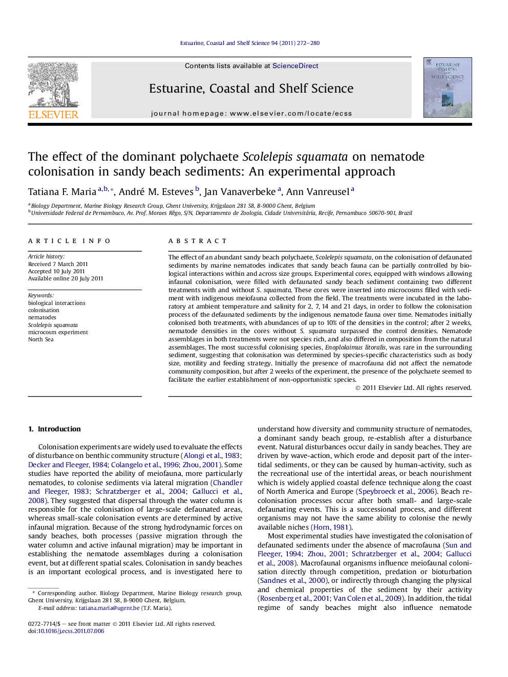 The effect of the dominant polychaete Scolelepis squamata on nematode colonisation in sandy beach sediments: An experimental approach