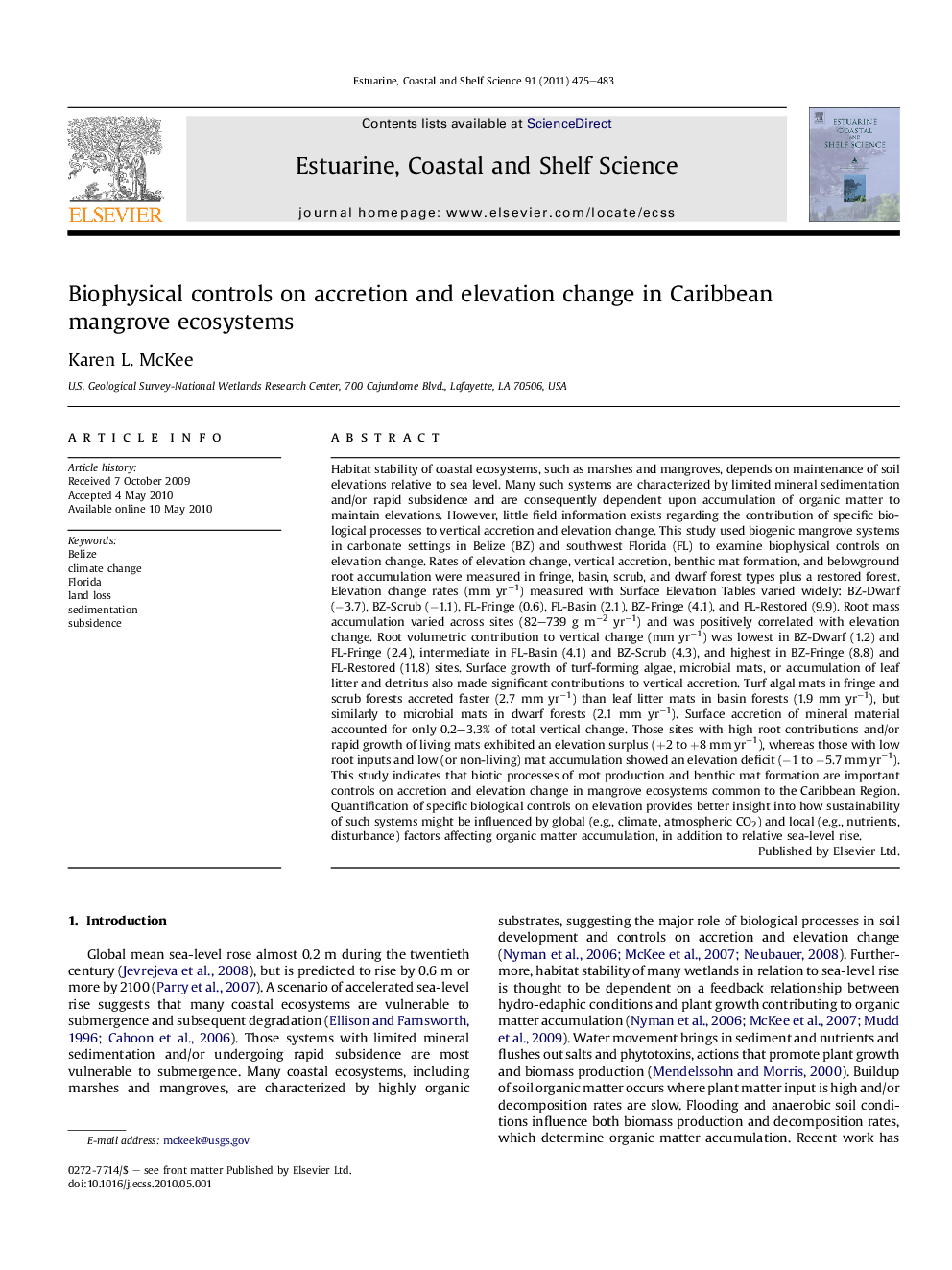 Biophysical controls on accretion and elevation change in Caribbean mangrove ecosystems