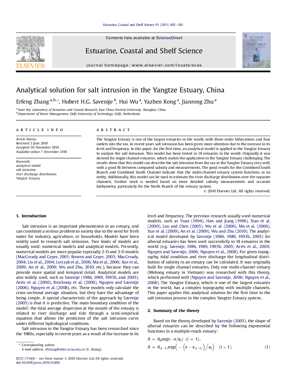 Analytical solution for salt intrusion in the Yangtze Estuary, China