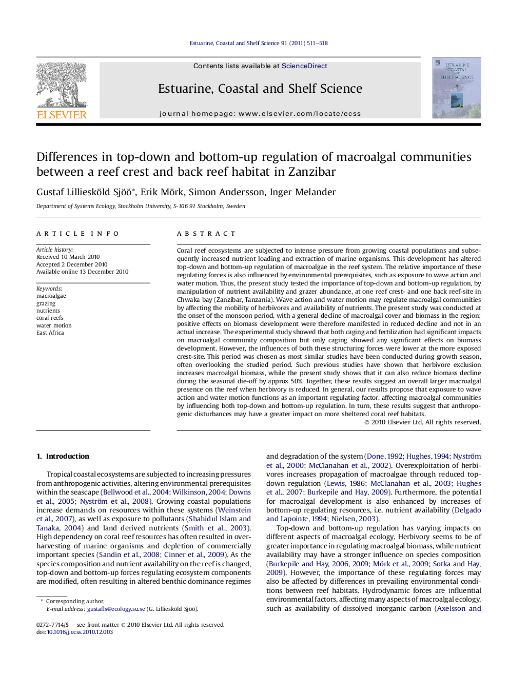 Differences in top-down and bottom-up regulation of macroalgal communities between a reef crest and back reef habitat in Zanzibar