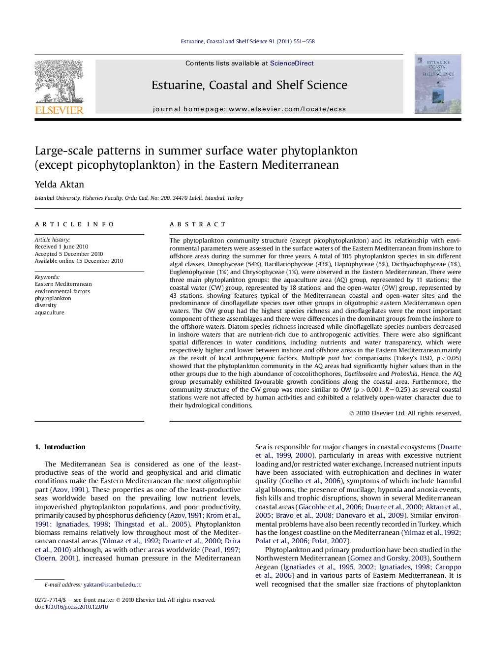 Large-scale patterns in summer surface water phytoplankton (except picophytoplankton) in the Eastern Mediterranean