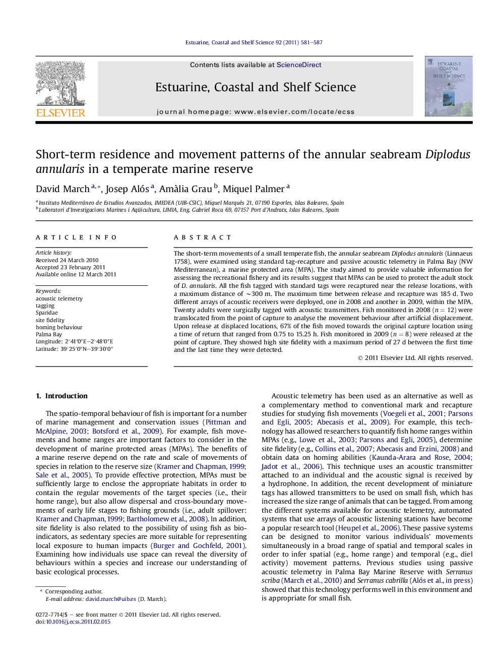 Short-term residence and movement patterns of the annular seabream Diplodus annularis in a temperate marine reserve