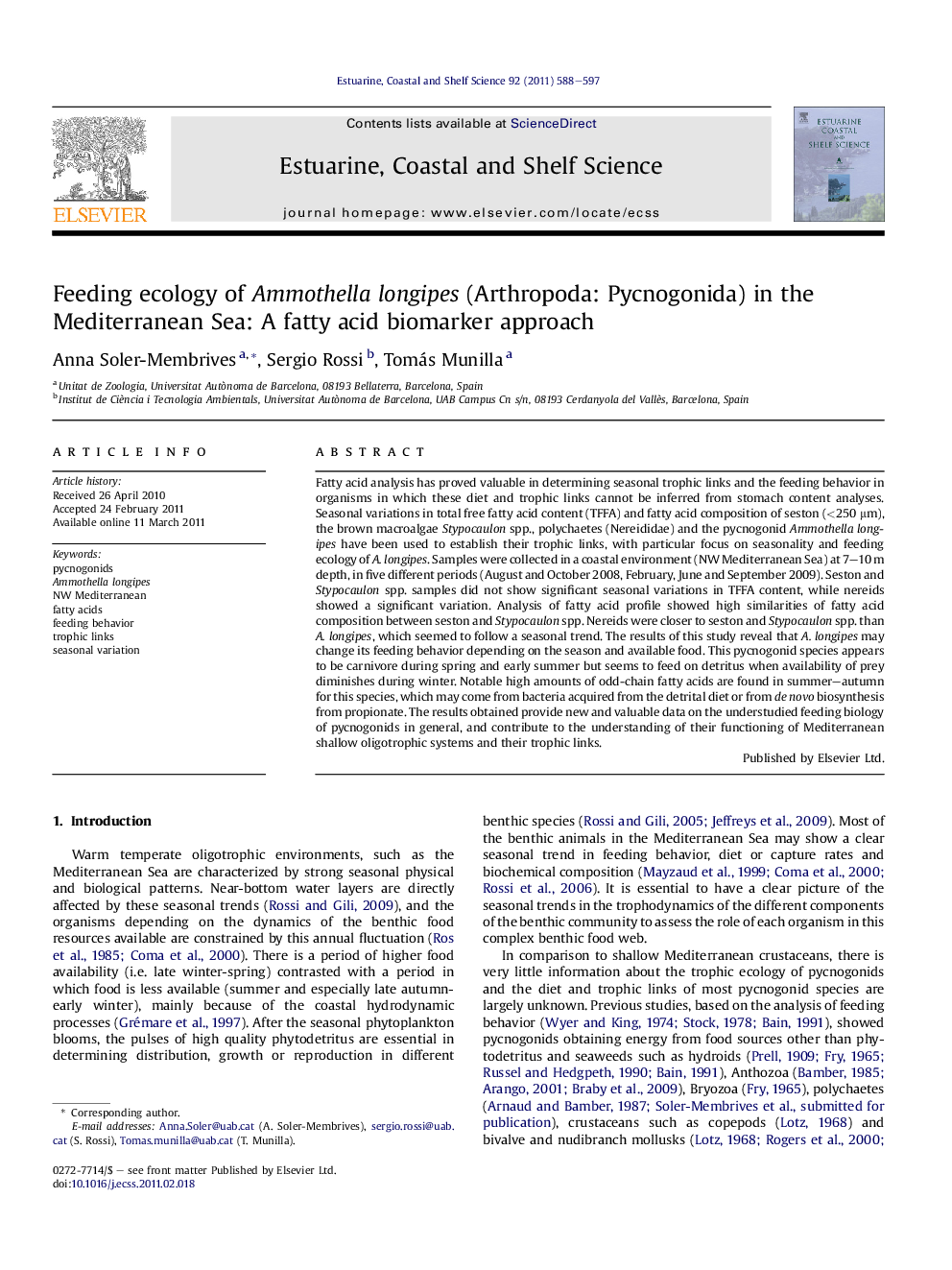 Feeding ecology of Ammothella longipes (Arthropoda: Pycnogonida) in the Mediterranean Sea: A fatty acid biomarker approach