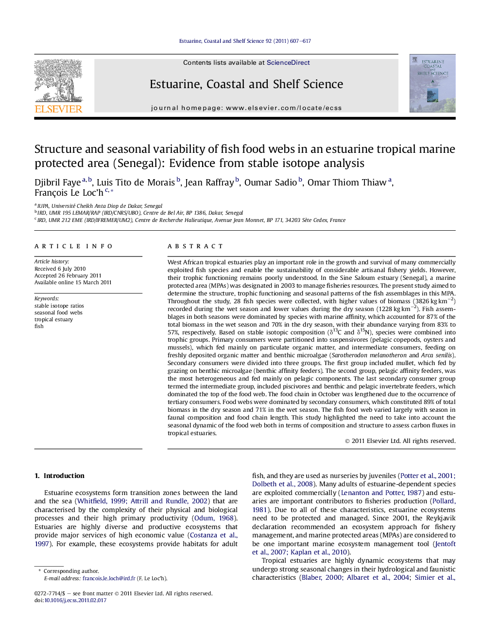 Structure and seasonal variability of fish food webs in an estuarine tropical marine protected area (Senegal): Evidence from stable isotope analysis