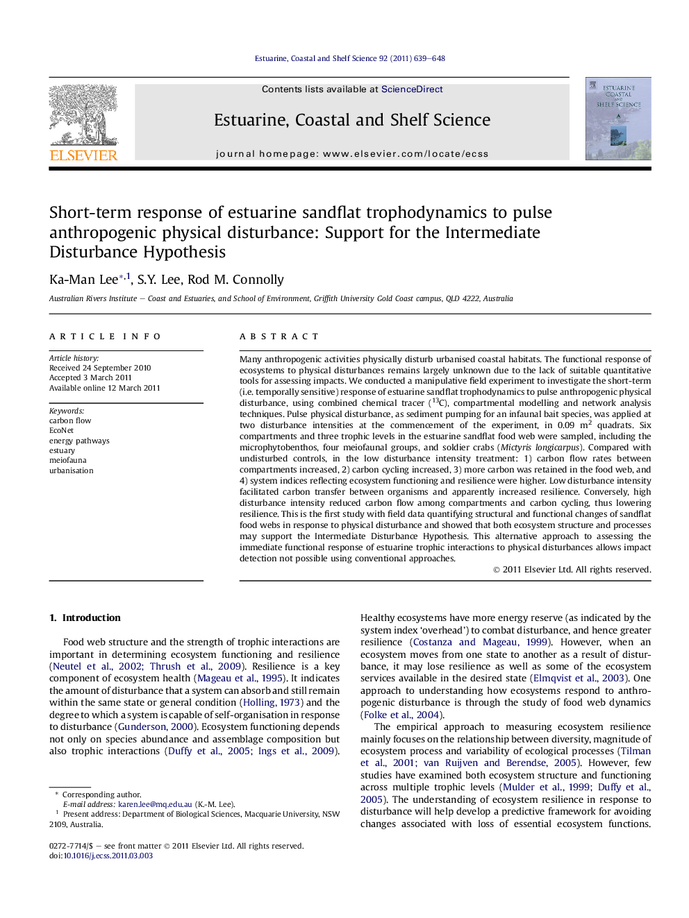 Short-term response of estuarine sandflat trophodynamics to pulse anthropogenic physical disturbance: Support for the Intermediate Disturbance Hypothesis