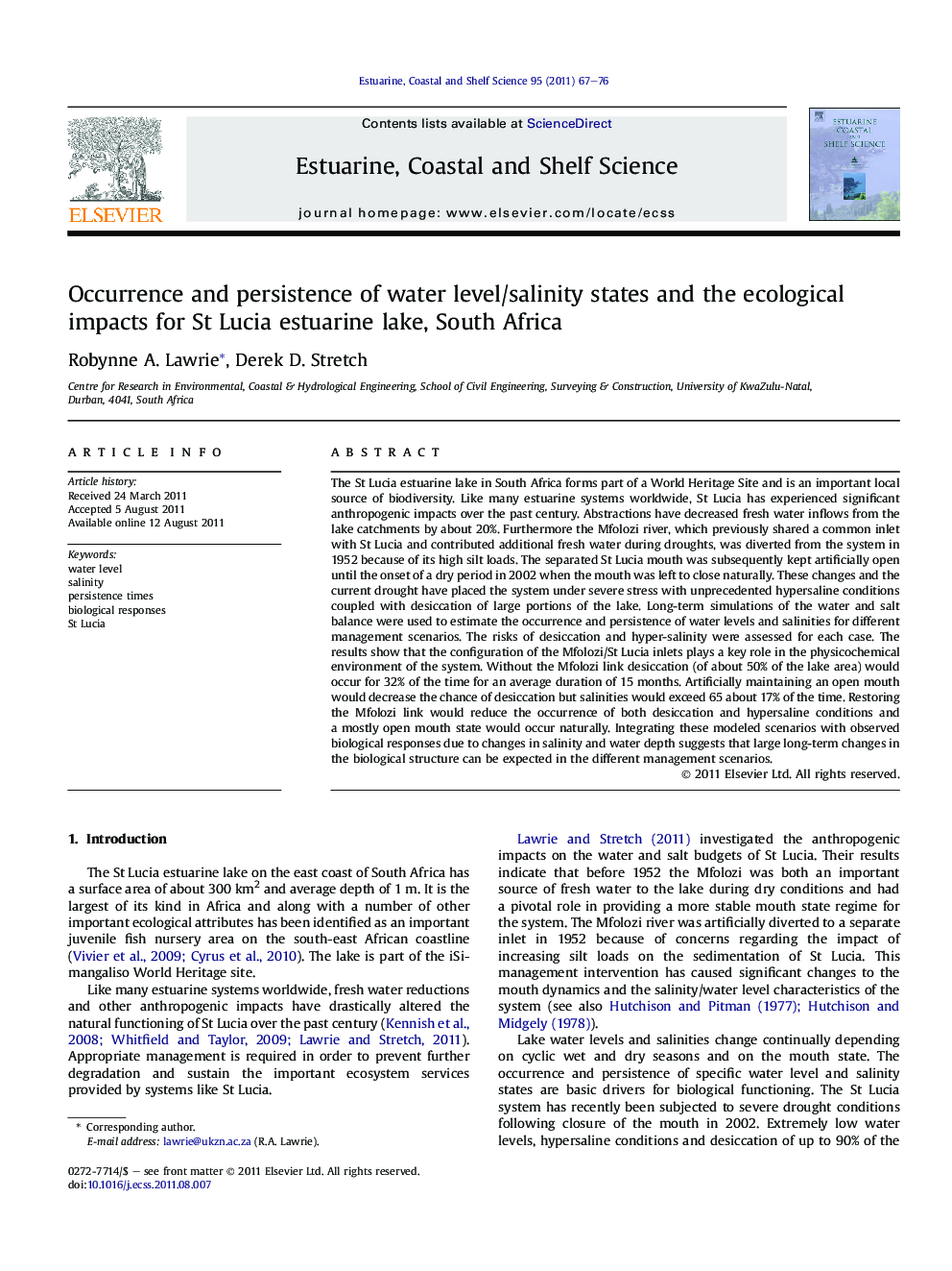 Occurrence and persistence of water level/salinity states and the ecological impacts for St Lucia estuarine lake, South Africa