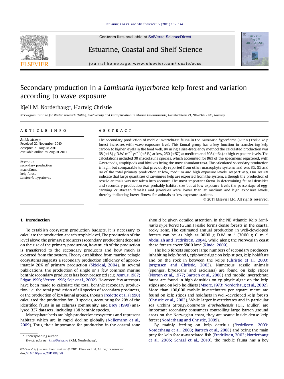 Secondary production in a Laminaria hyperborea kelp forest and variation according to wave exposure