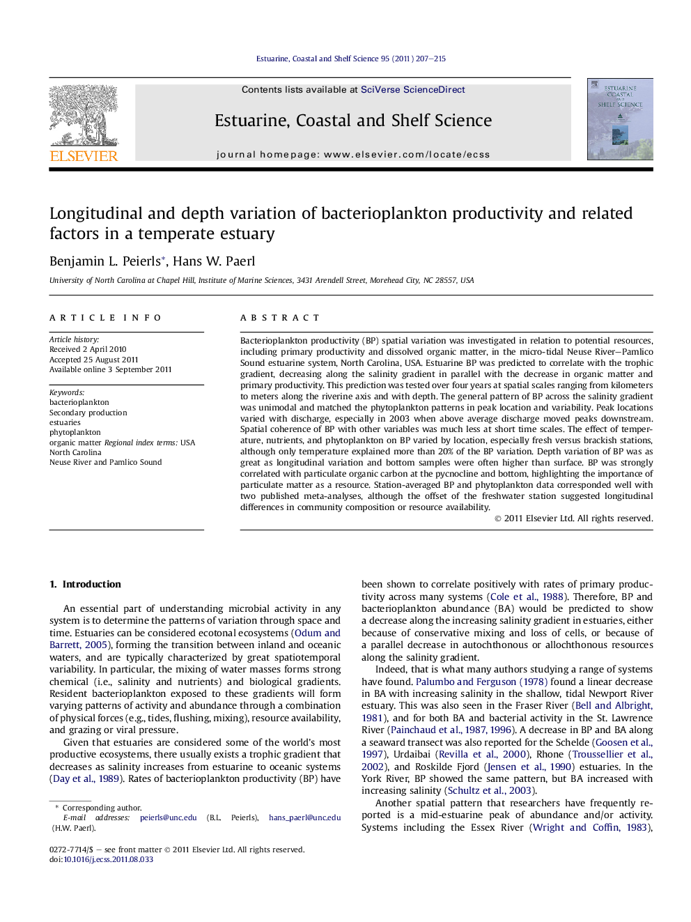 Longitudinal and depth variation of bacterioplankton productivity and related factors in a temperate estuary