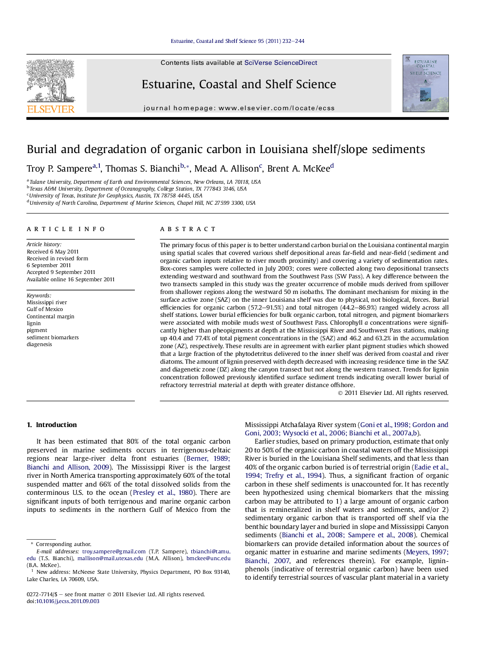 Burial and degradation of organic carbon in Louisiana shelf/slope sediments