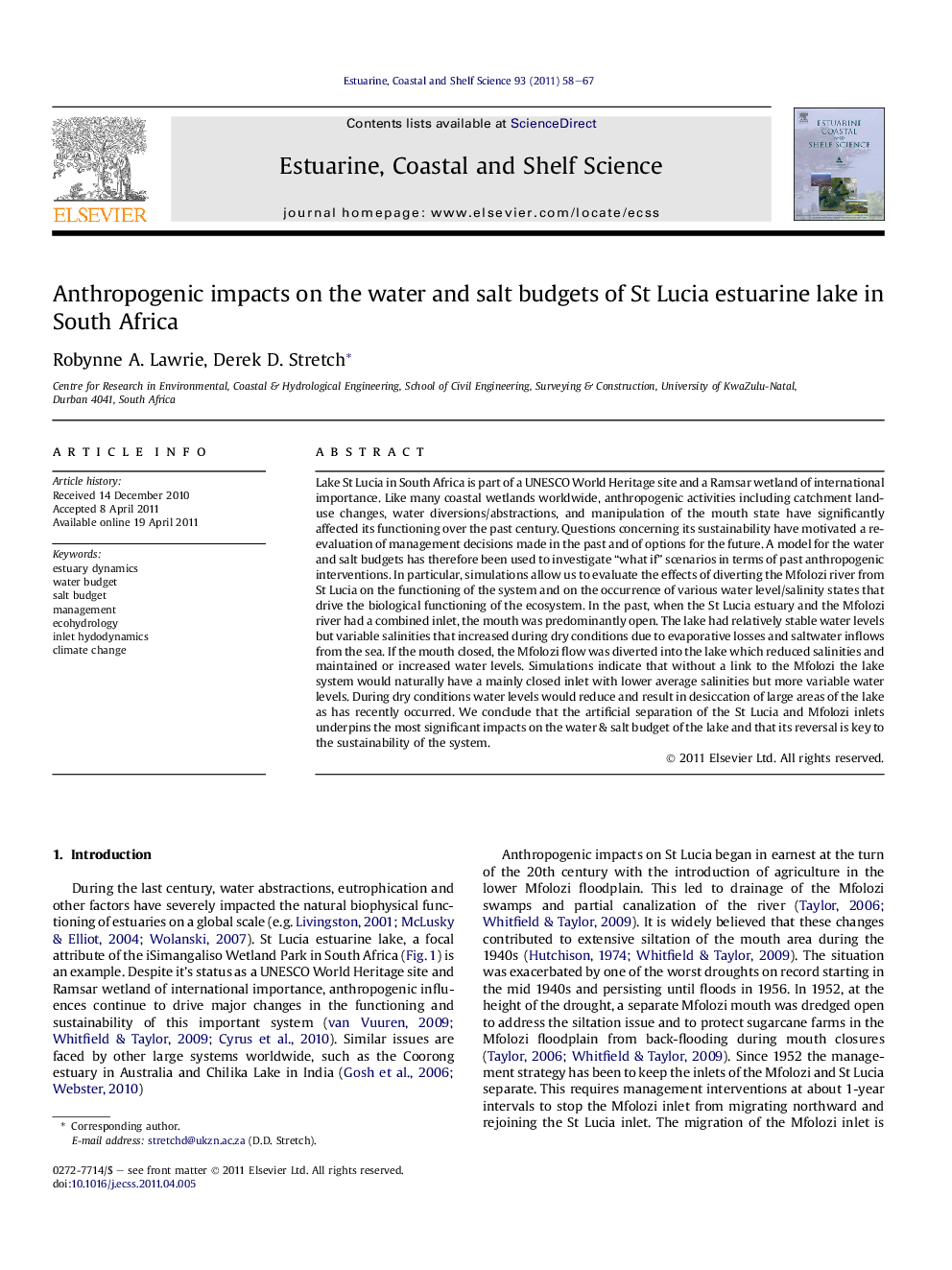 Anthropogenic impacts on the water and salt budgets of St Lucia estuarine lake in South Africa