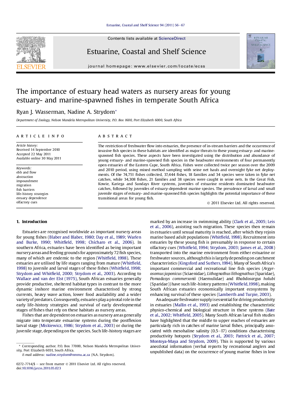 The importance of estuary head waters as nursery areas for young estuary- and marine-spawned fishes in temperate South Africa