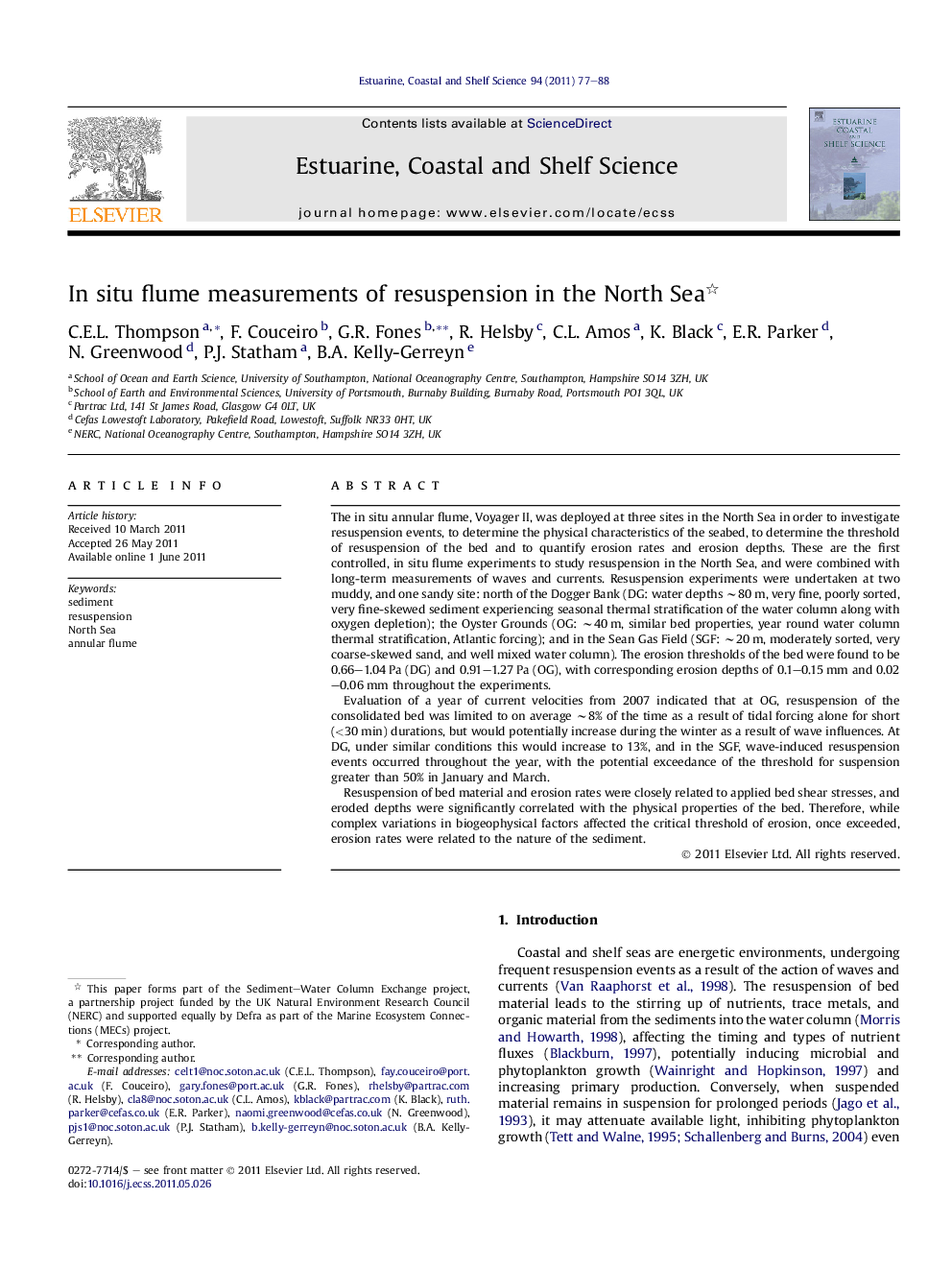 In situ flume measurements of resuspension in the North Sea 