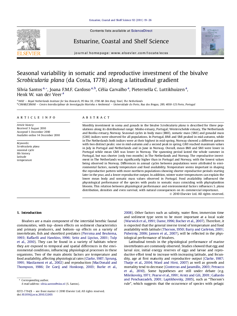 Seasonal variability in somatic and reproductive investment of the bivalve Scrobicularia plana (da Costa, 1778) along a latitudinal gradient