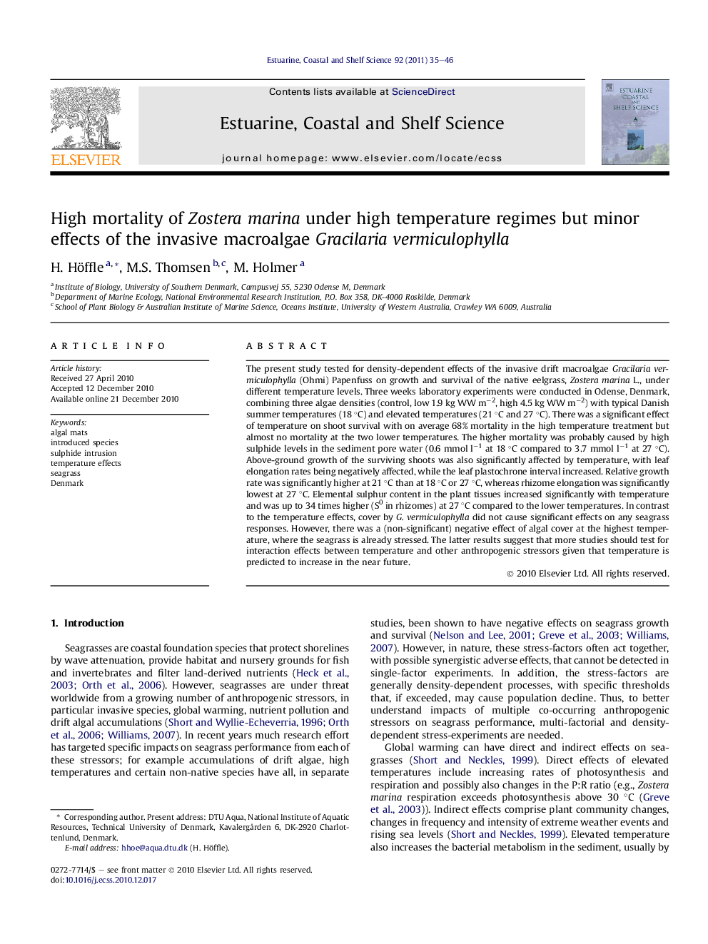 High mortality of Zostera marina under high temperature regimes but minor effects of the invasive macroalgae Gracilaria vermiculophylla