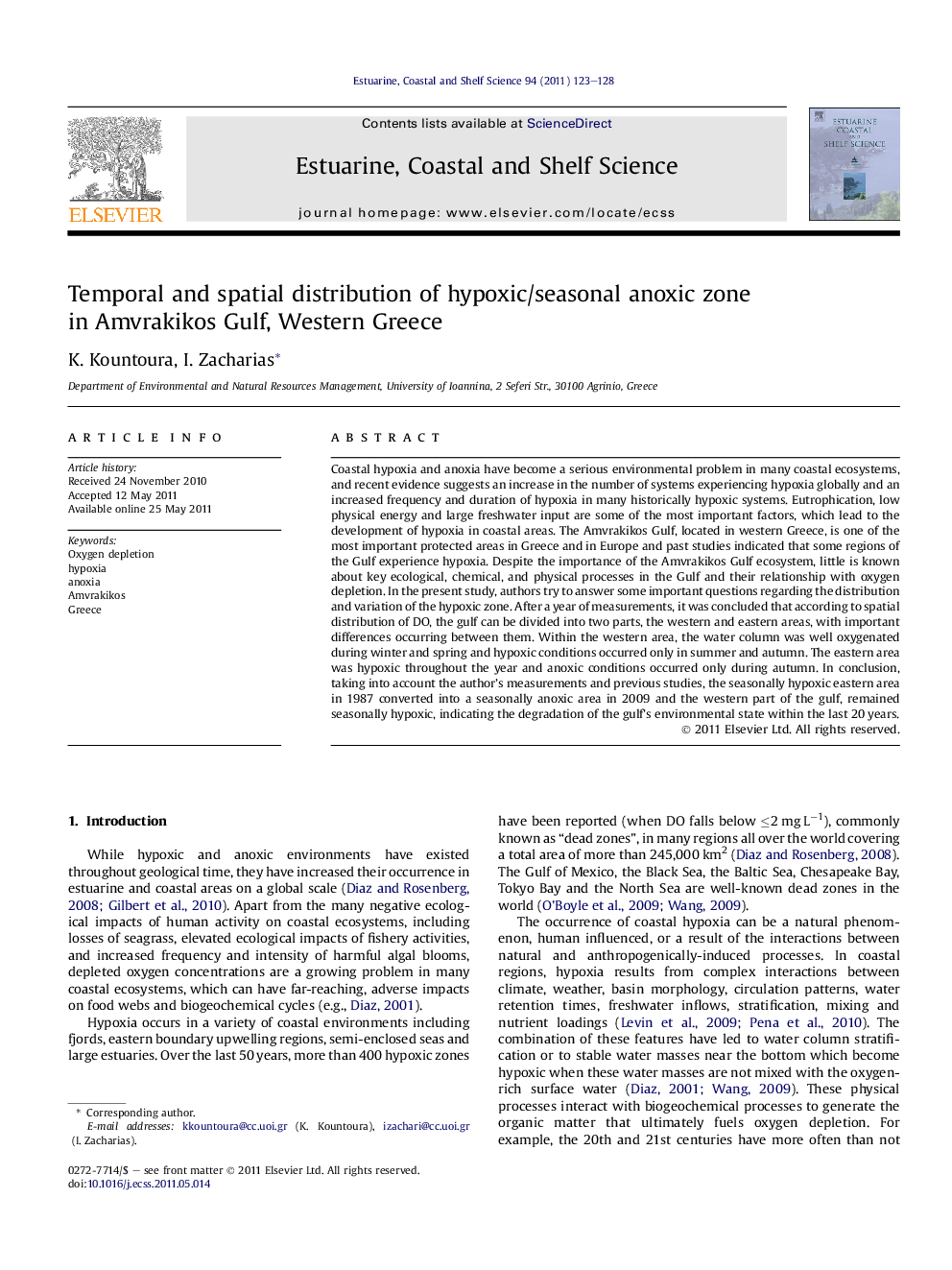 Temporal and spatial distribution of hypoxic/seasonal anoxic zone in Amvrakikos Gulf, Western Greece