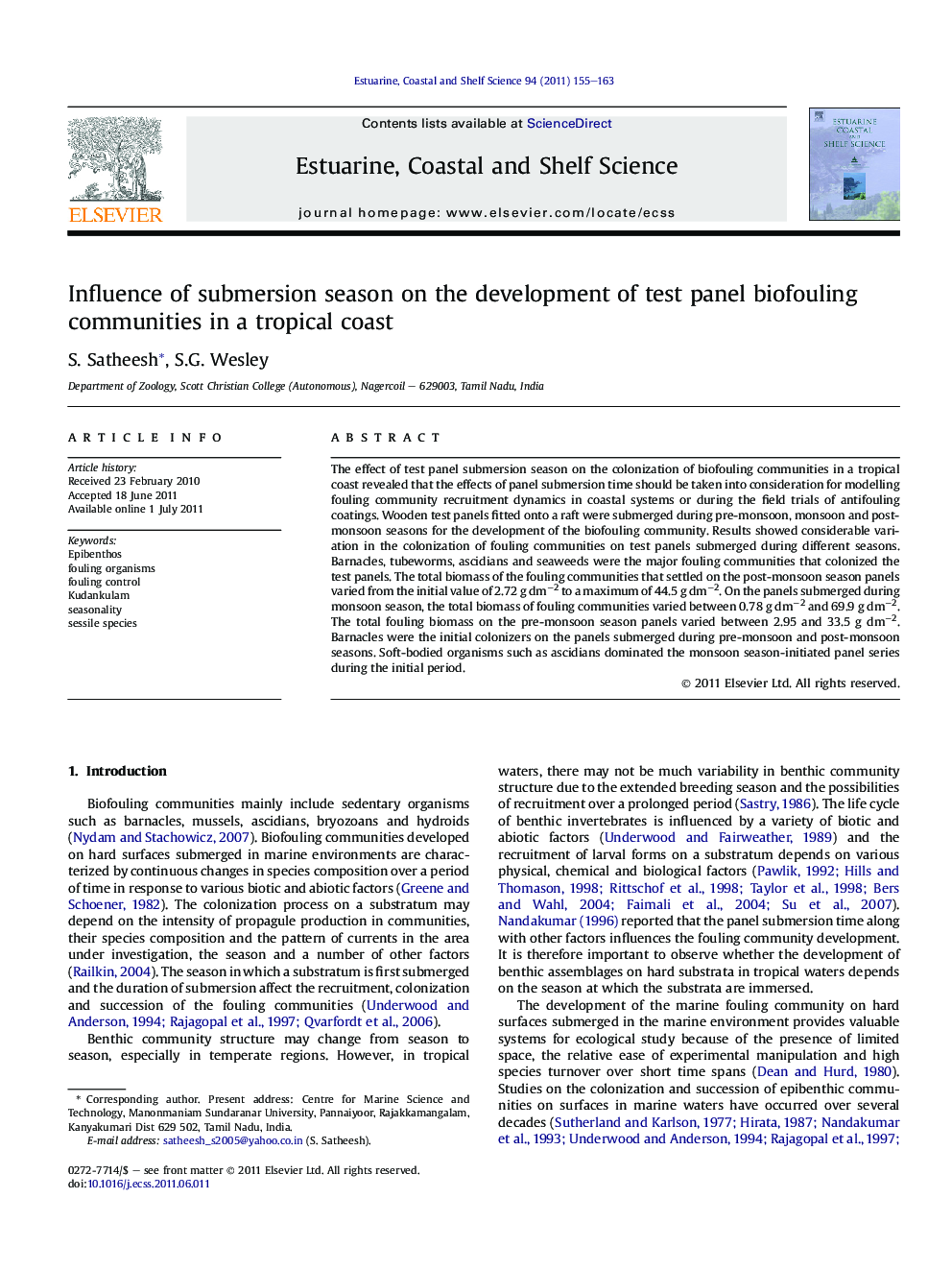 Influence of submersion season on the development of test panel biofouling communities in a tropical coast
