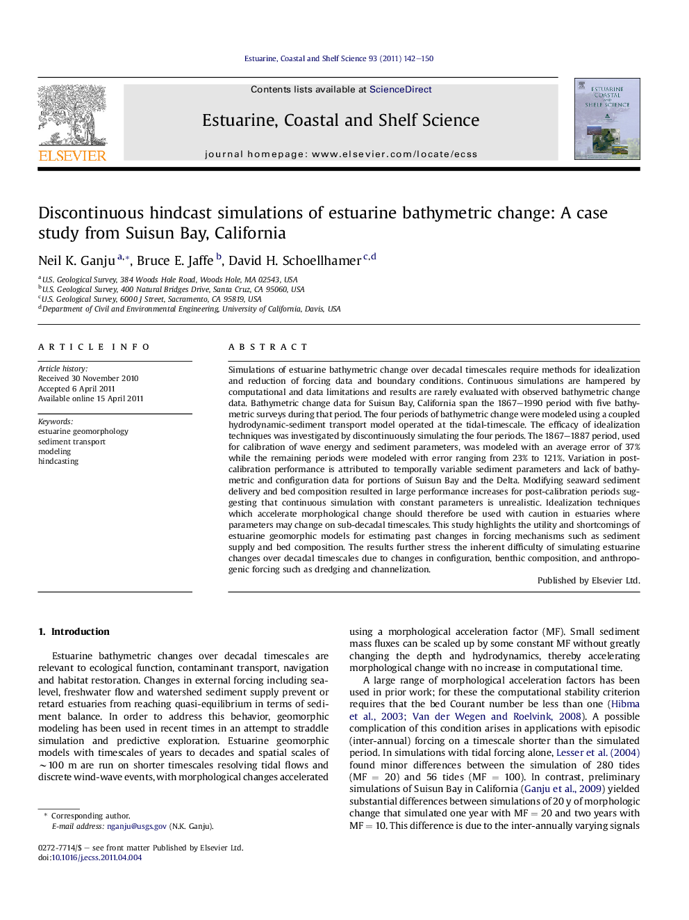 Discontinuous hindcast simulations of estuarine bathymetric change: A case study from Suisun Bay, California