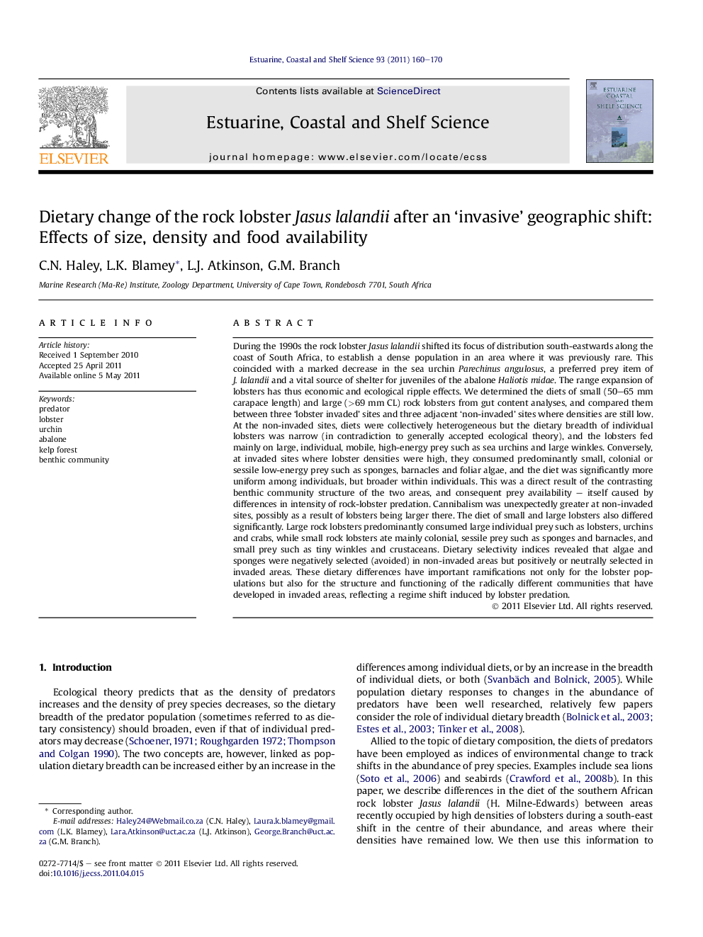 Dietary change of the rock lobster Jasus lalandii after an ‘invasive’ geographic shift: Effects of size, density and food availability