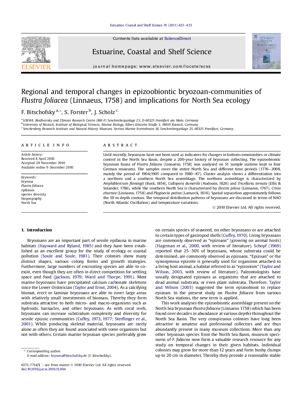 Regional and temporal changes in epizoobiontic bryozoan-communities of Flustra foliacea (Linnaeus, 1758) and implications for North Sea ecology