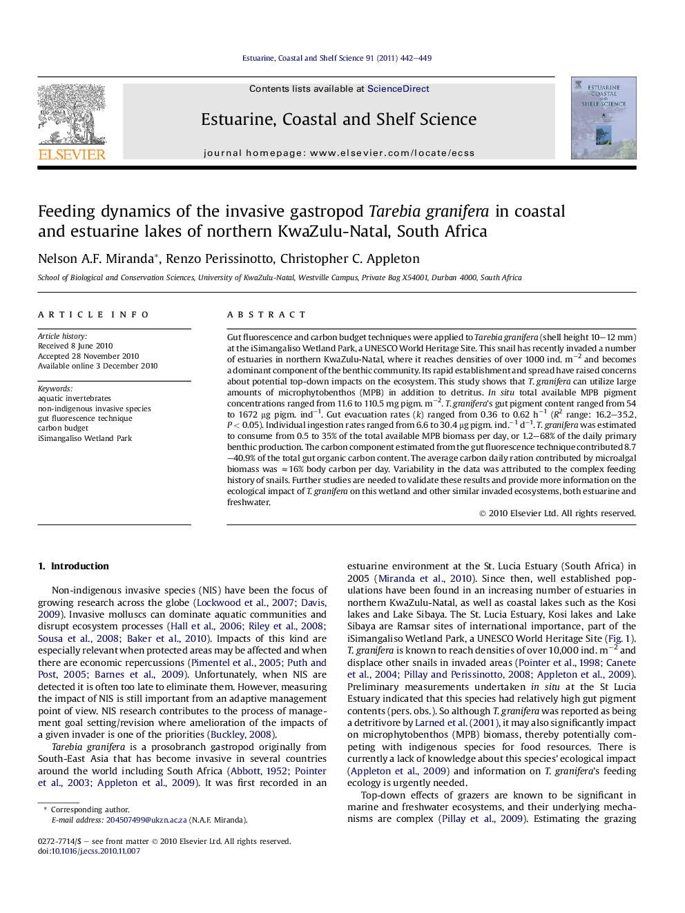 Feeding dynamics of the invasive gastropod Tarebia granifera in coastal and estuarine lakes of northern KwaZulu-Natal, South Africa