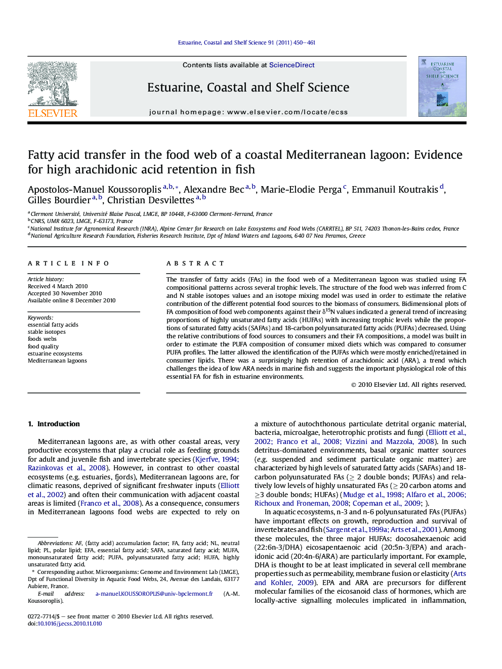 Fatty acid transfer in the food web of a coastal Mediterranean lagoon: Evidence for high arachidonic acid retention in fish