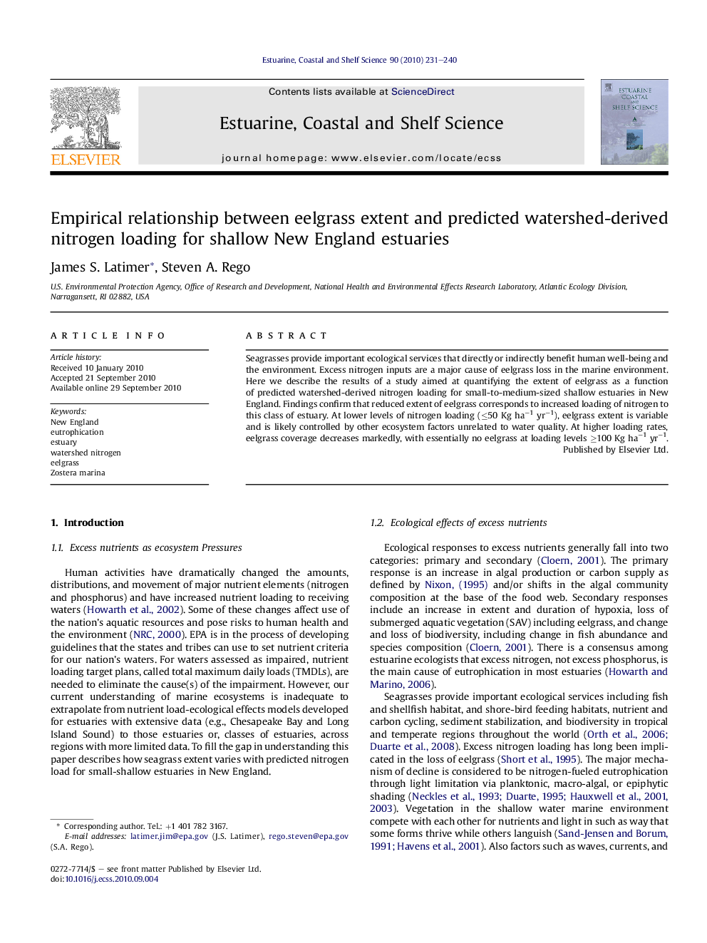 عکس صفحه اول مقاله: Empirical relationship between eelgrass extent and predicted watershed-derived nitrogen loading for shallow New England estuaries Empirical relationship between eelgrass extent and predicted watershed-derived nitrogen loading for shallow New England estuaries