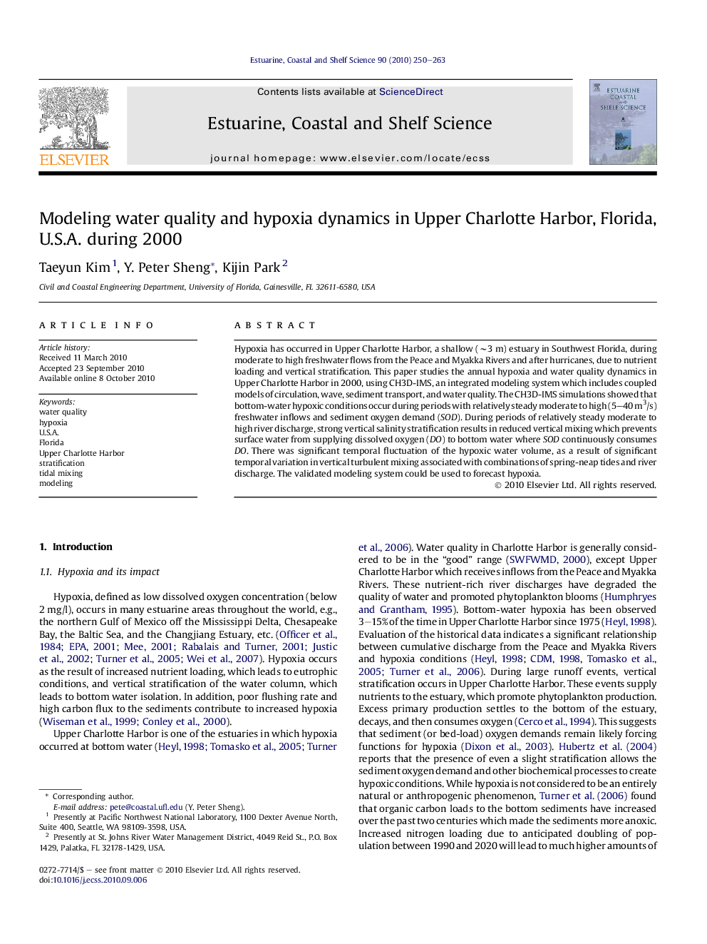 Modeling water quality and hypoxia dynamics in Upper Charlotte Harbor, Florida, U.S.A. during 2000