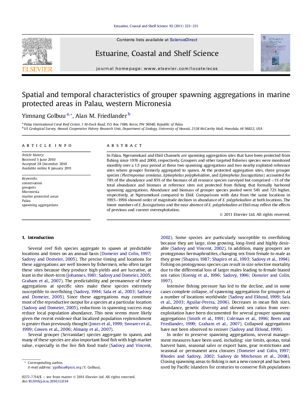 Spatial and temporal characteristics of grouper spawning aggregations in marine protected areas in Palau, western Micronesia