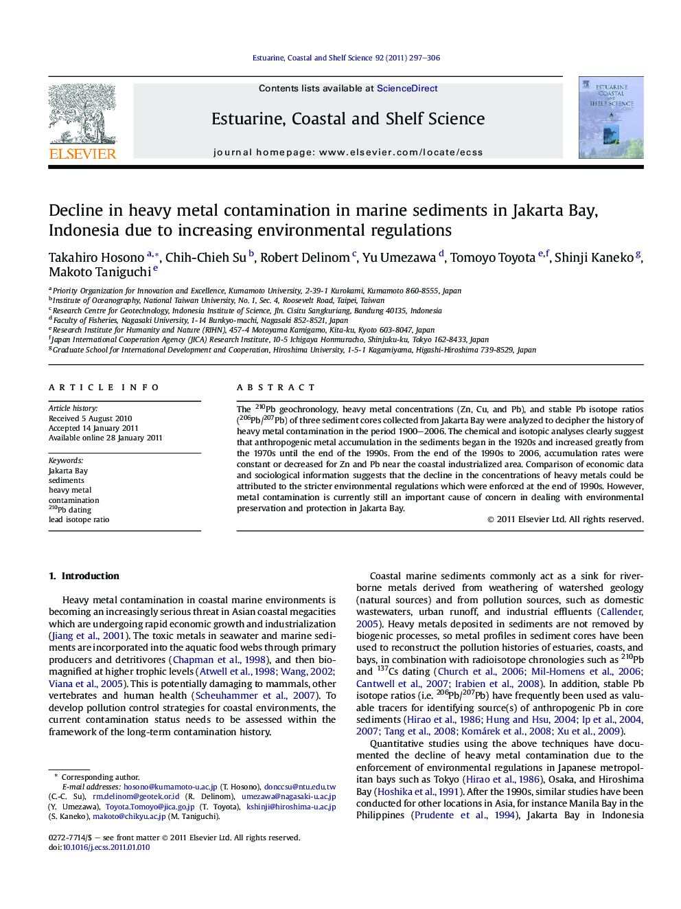 Decline in heavy metal contamination in marine sediments in Jakarta Bay, Indonesia due to increasing environmental regulations