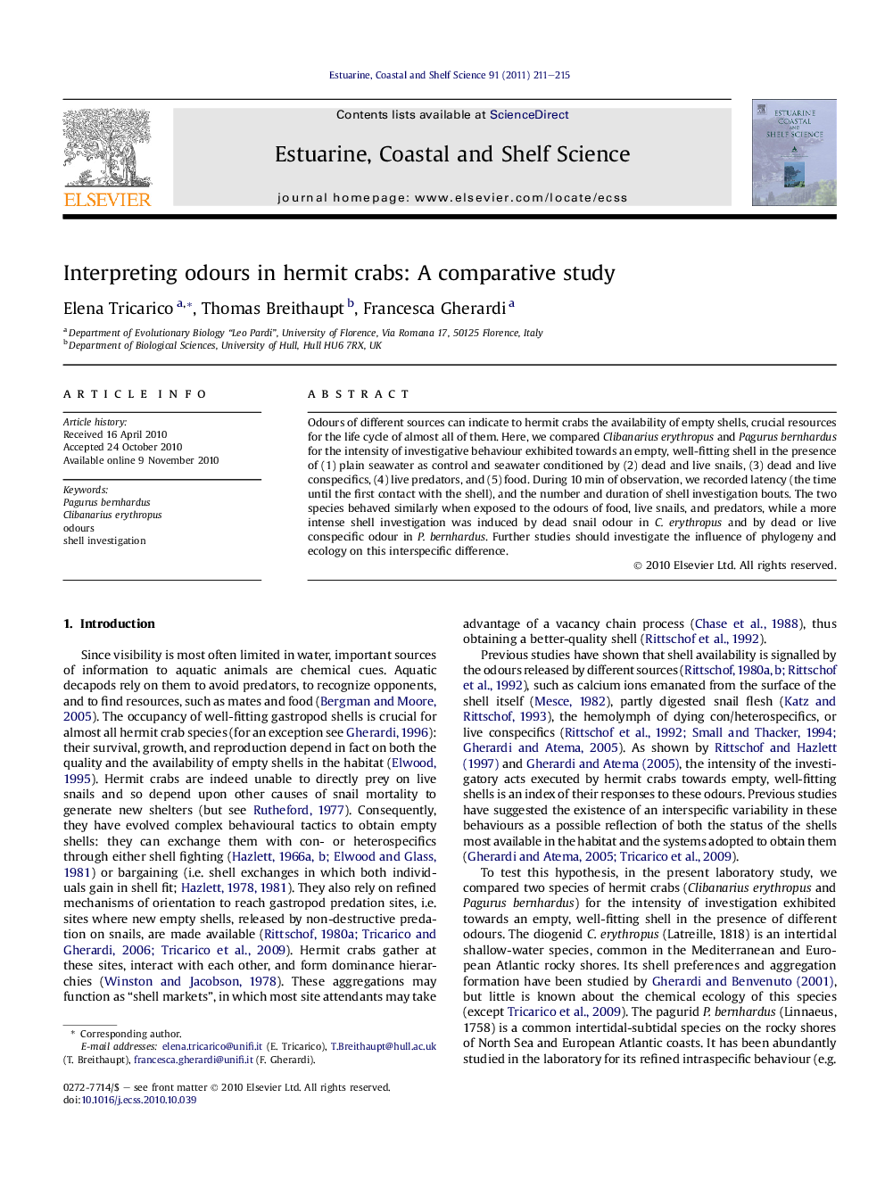 Interpreting odours in hermit crabs: A comparative study