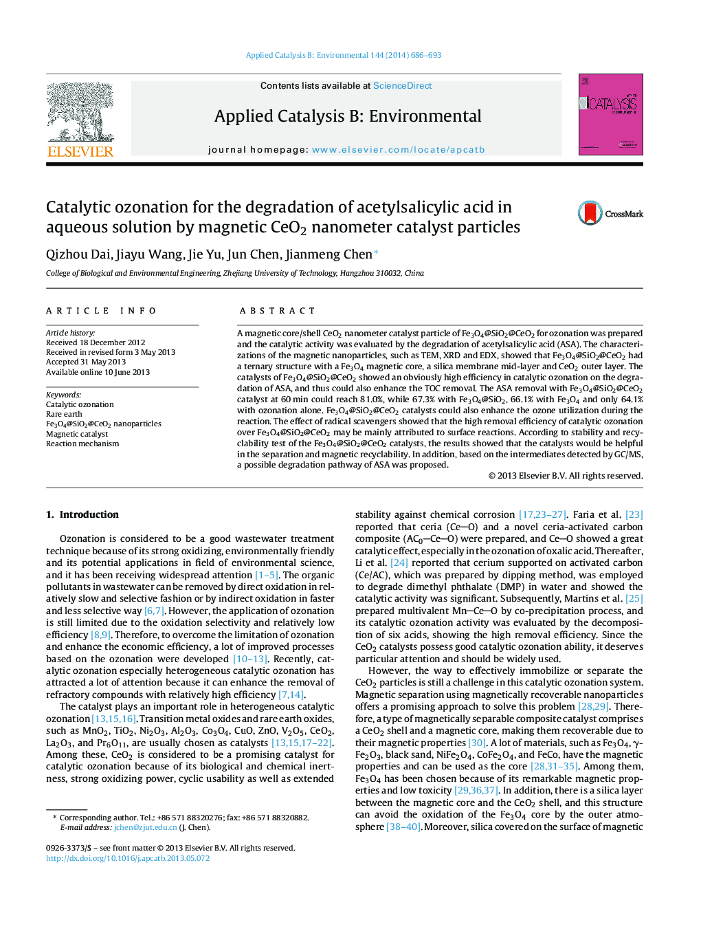 Catalytic ozonation for the degradation of acetylsalicylic acid in aqueous solution by magnetic CeO2 nanometer catalyst particles