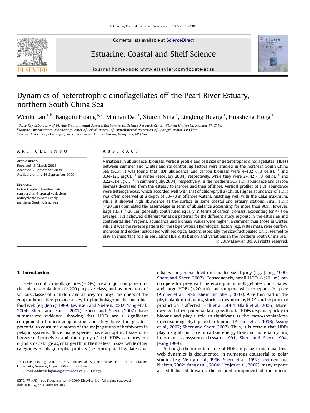 Dynamics of heterotrophic dinoflagellates off the Pearl River Estuary, northern South China Sea