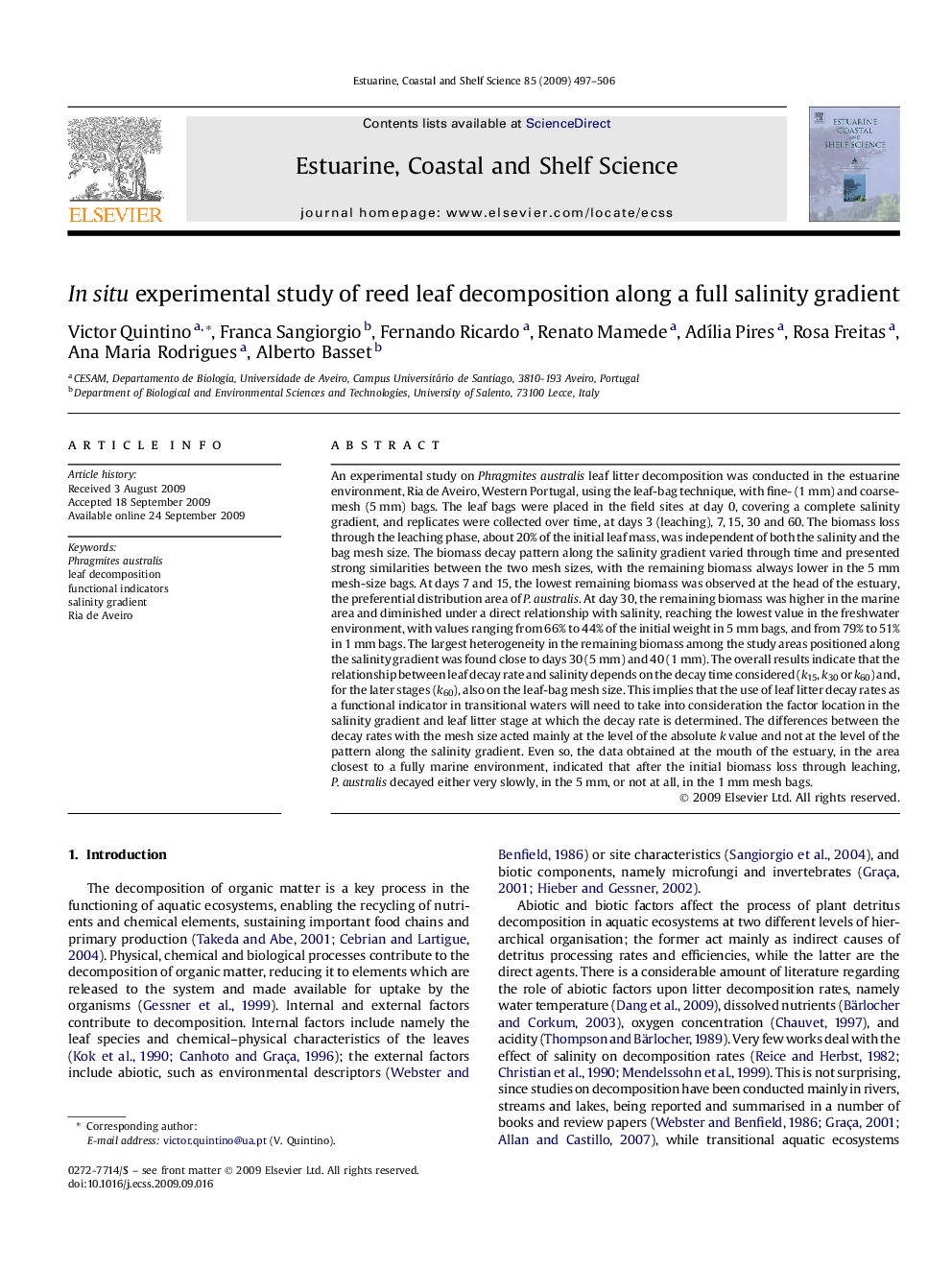 In situ experimental study of reed leaf decomposition along a full salinity gradient