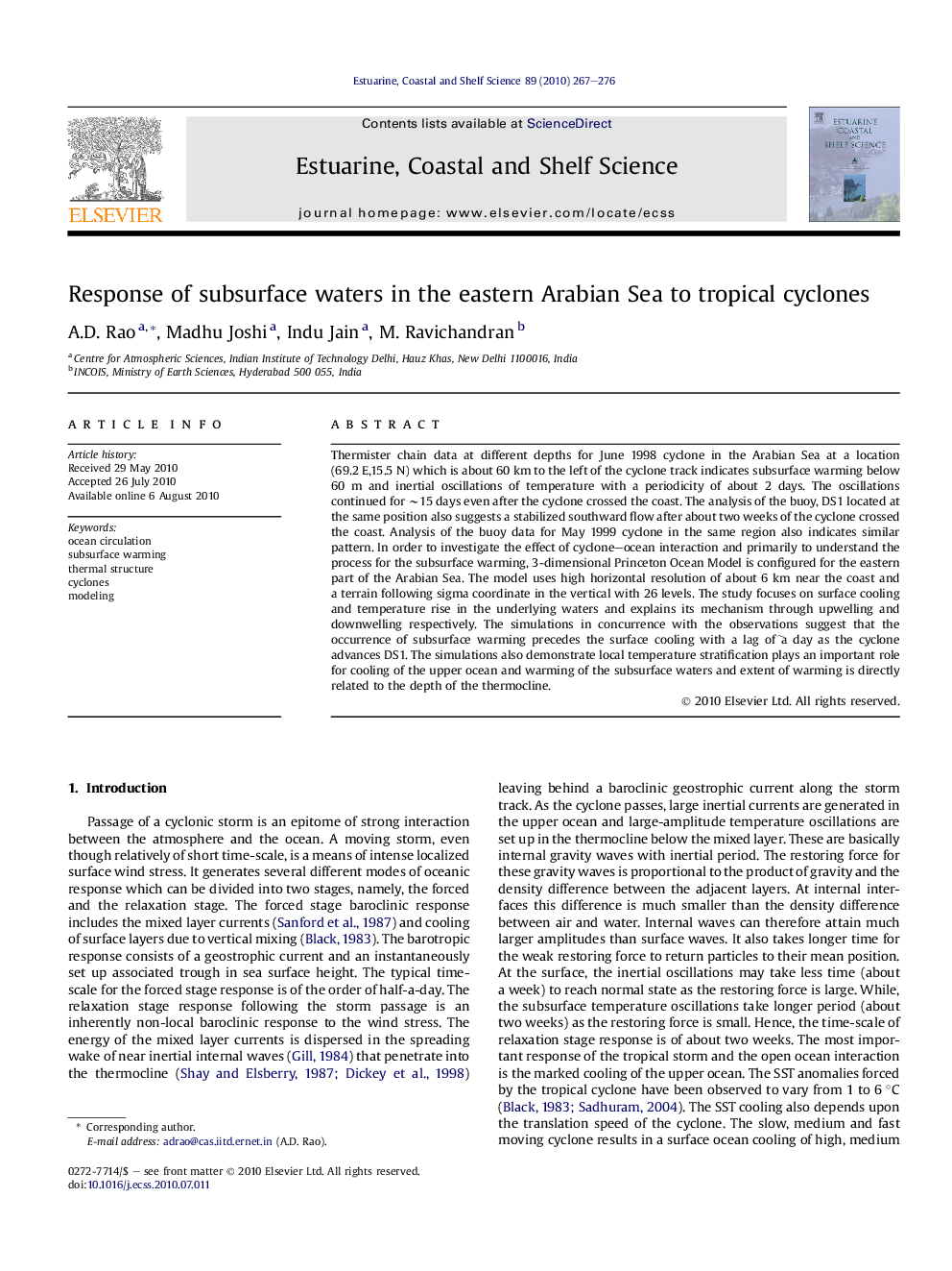 Response of subsurface waters in the eastern Arabian Sea to tropical cyclones