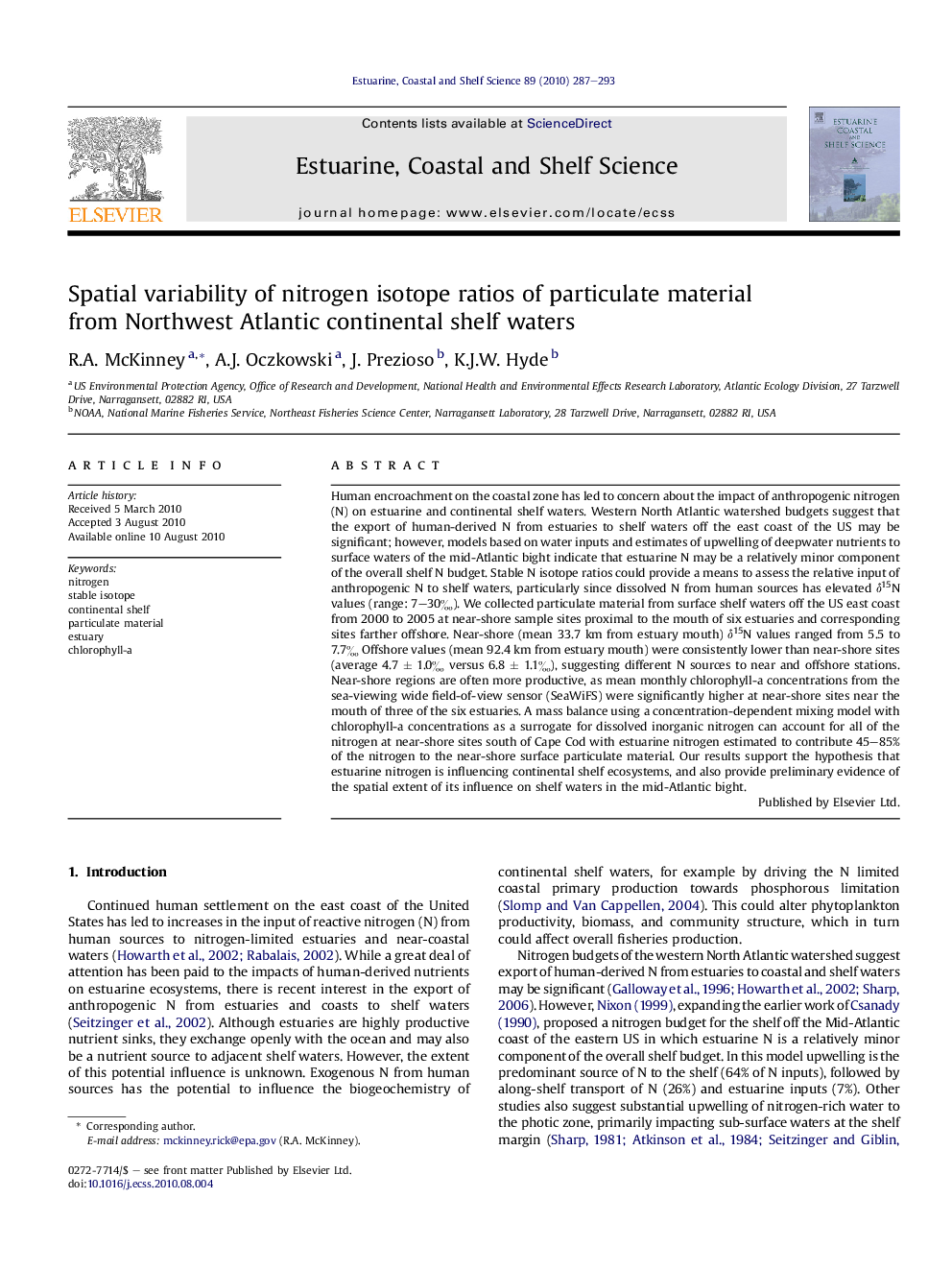 Spatial variability of nitrogen isotope ratios of particulate material from Northwest Atlantic continental shelf waters