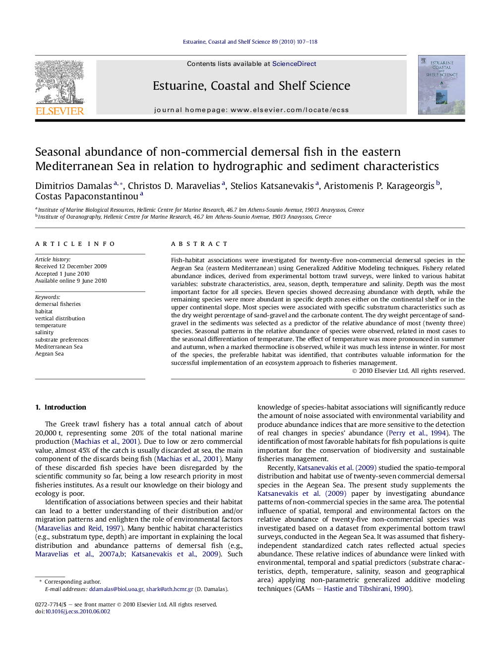 Seasonal abundance of non-commercial demersal fish in the eastern Mediterranean Sea in relation to hydrographic and sediment characteristics