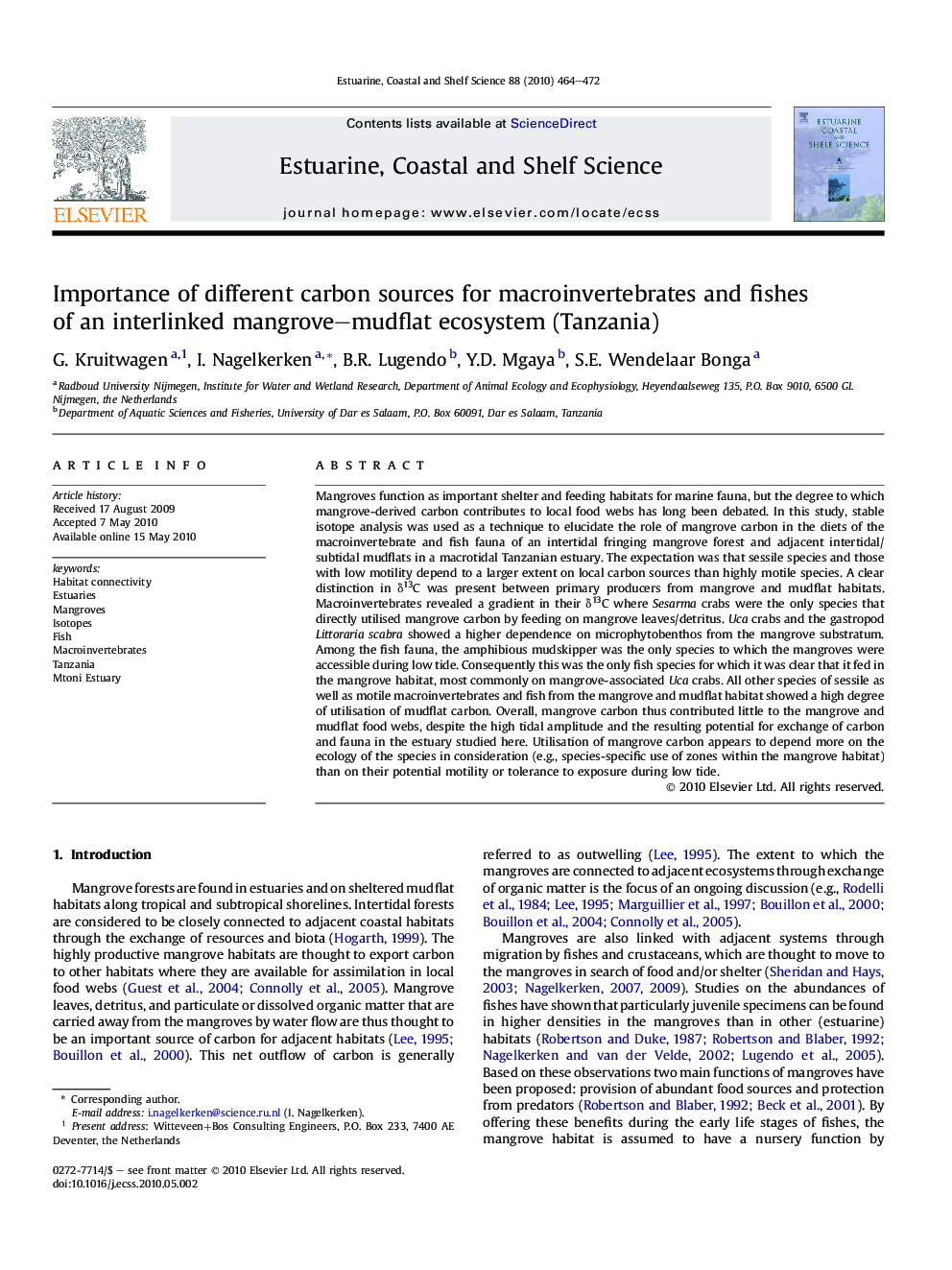 Importance of different carbon sources for macroinvertebrates and fishes of an interlinked mangrove–mudflat ecosystem (Tanzania)