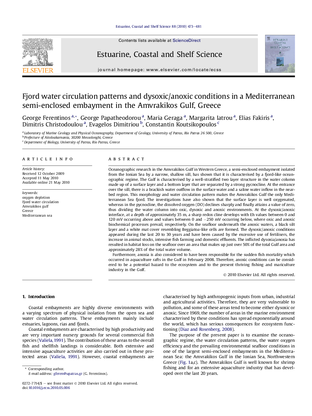 Fjord water circulation patterns and dysoxic/anoxic conditions in a Mediterranean semi-enclosed embayment in the Amvrakikos Gulf, Greece