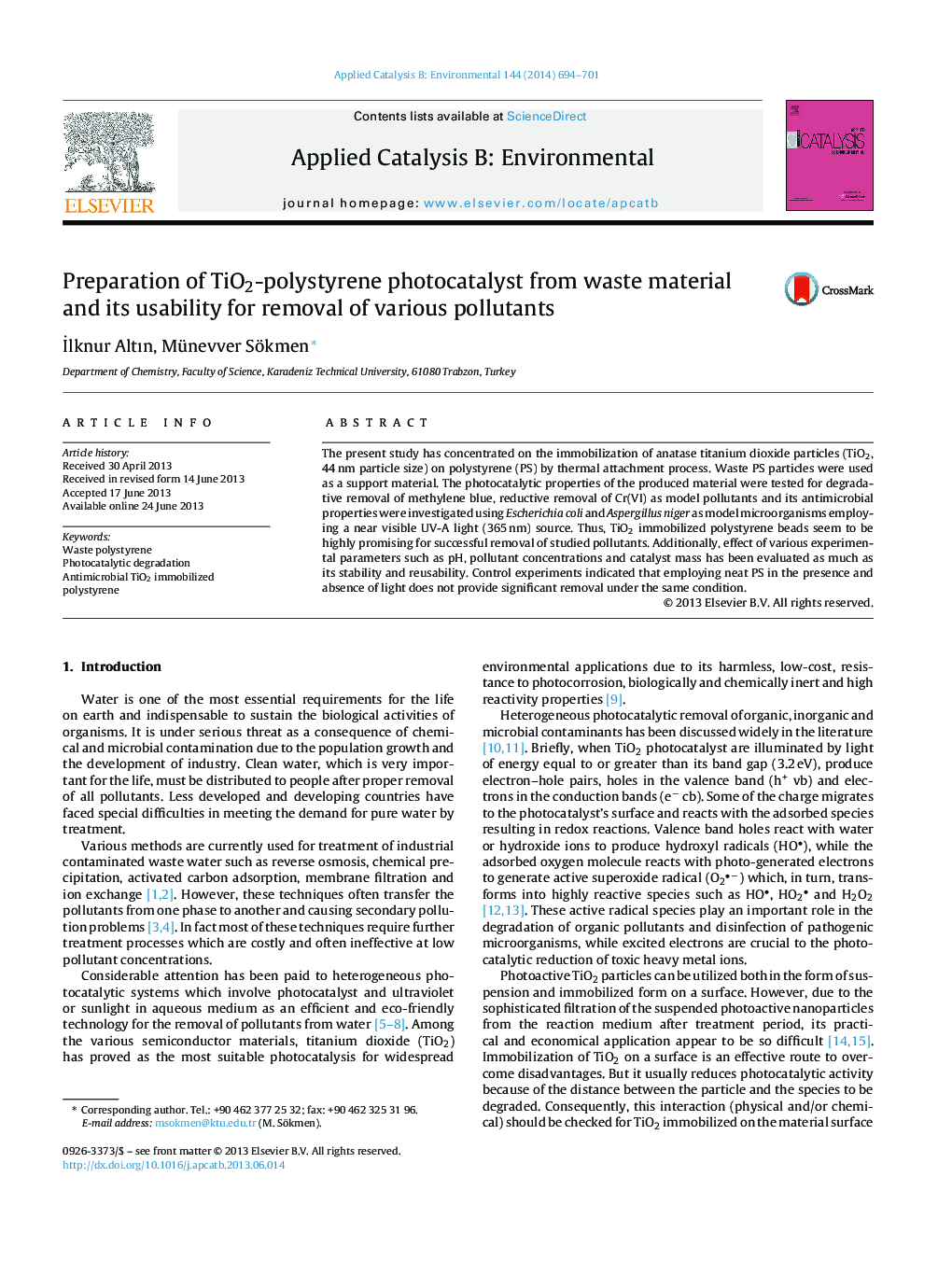 Preparation of TiO2-polystyrene photocatalyst from waste material and its usability for removal of various pollutants