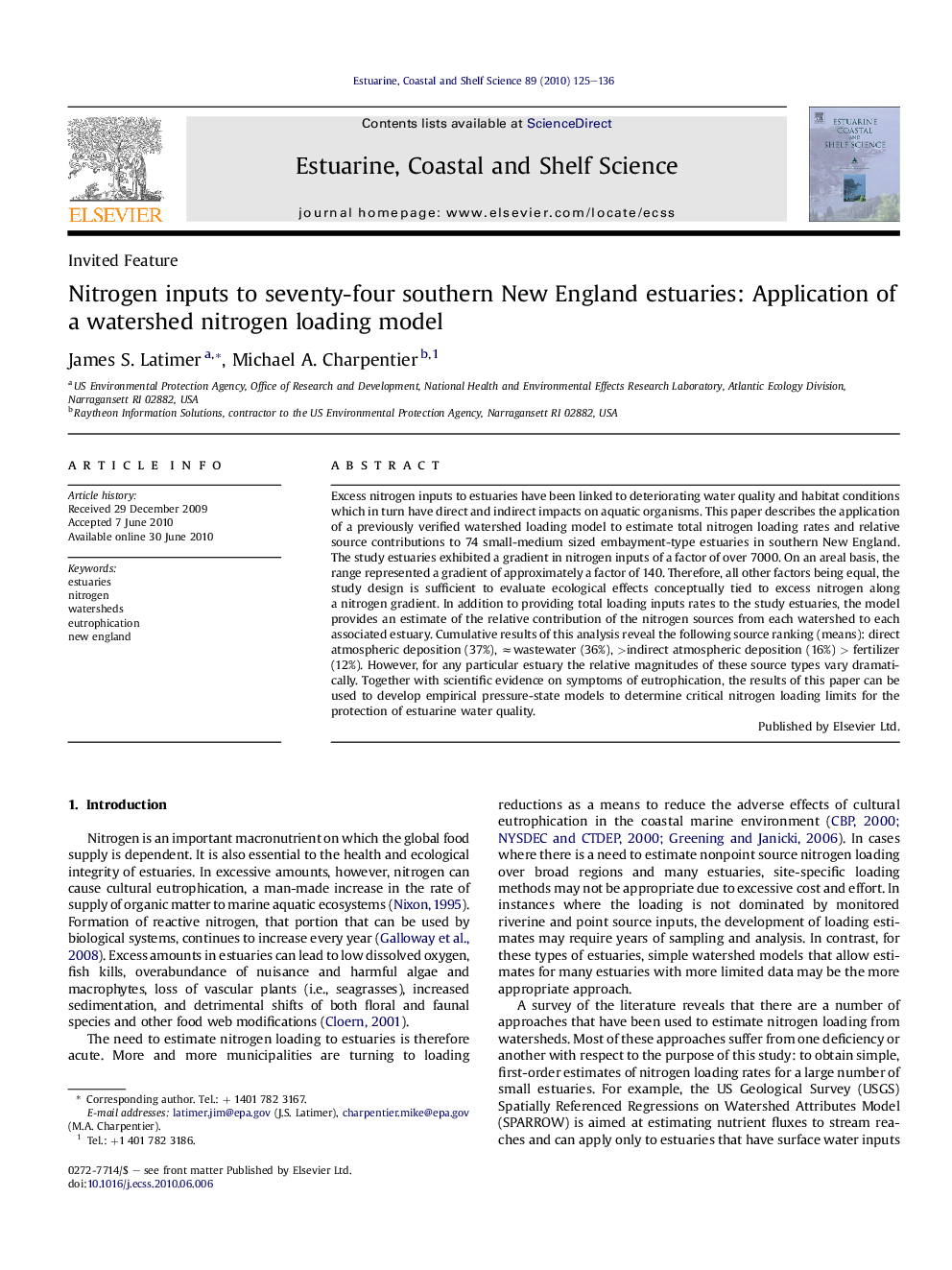 Nitrogen inputs to seventy-four southern New England estuaries: Application of a watershed nitrogen loading model