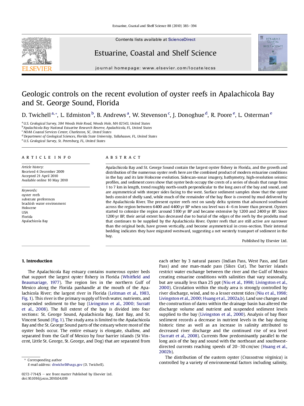 Geologic controls on the recent evolution of oyster reefs in Apalachicola Bay and St. George Sound, Florida