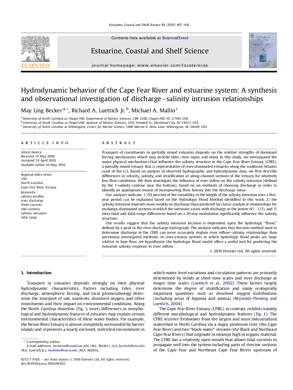 Hydrodynamic behavior of the Cape Fear River and estuarine system: A synthesis and observational investigation of discharge–salinity intrusion relationships