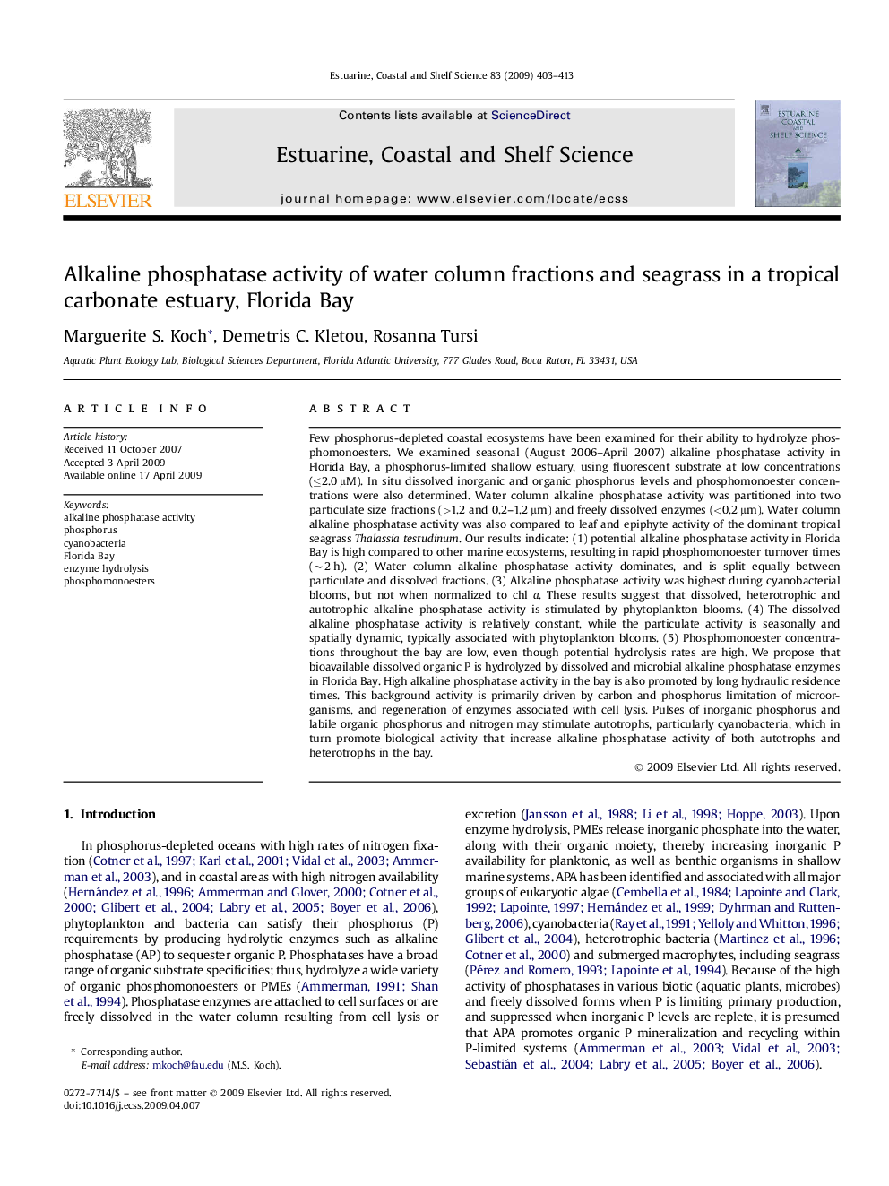 Alkaline phosphatase activity of water column fractions and seagrass in a tropical carbonate estuary, Florida Bay