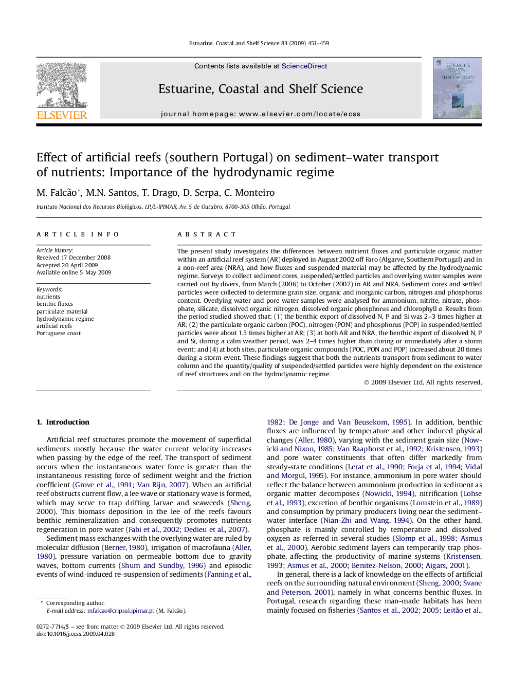 Effect of artificial reefs (southern Portugal) on sediment–water transport of nutrients: Importance of the hydrodynamic regime