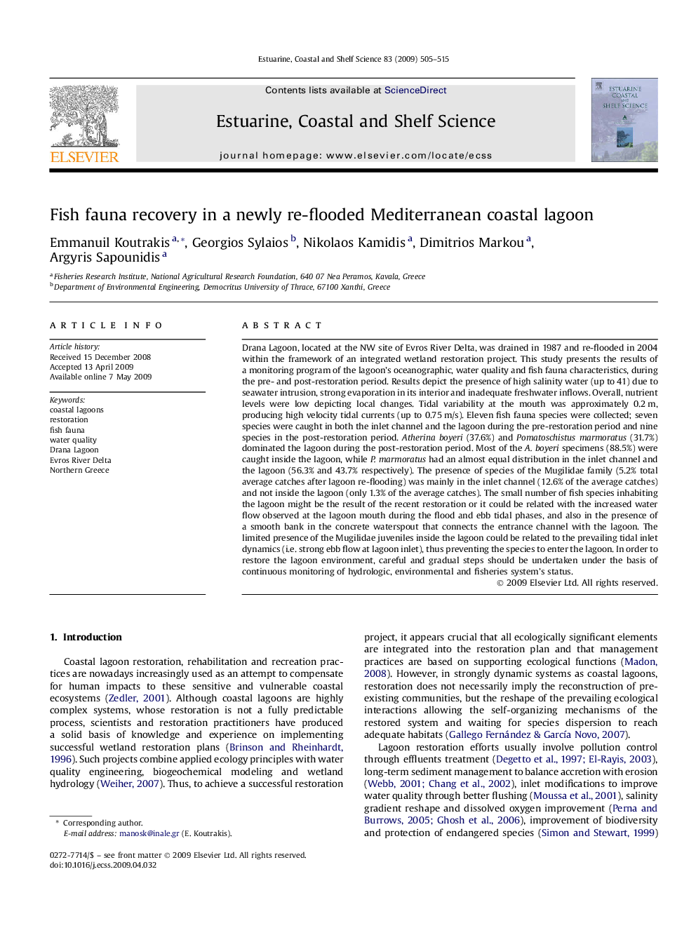 Fish fauna recovery in a newly re-flooded Mediterranean coastal lagoon