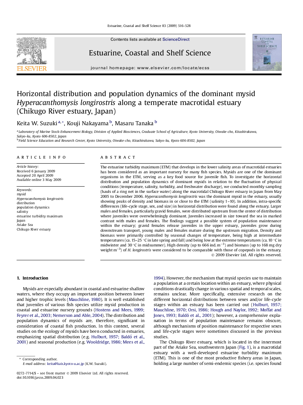 Horizontal distribution and population dynamics of the dominant mysid Hyperacanthomysis longirostris along a temperate macrotidal estuary (Chikugo River estuary, Japan)