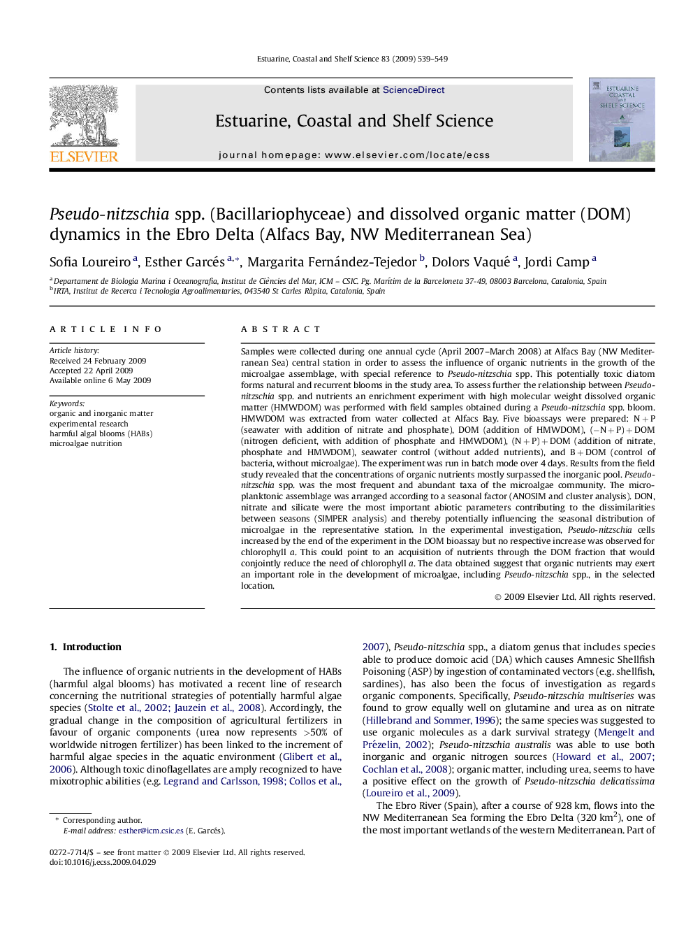 Pseudo-nitzschia spp. (Bacillariophyceae) and dissolved organic matter (DOM) dynamics in the Ebro Delta (Alfacs Bay, NW Mediterranean Sea)