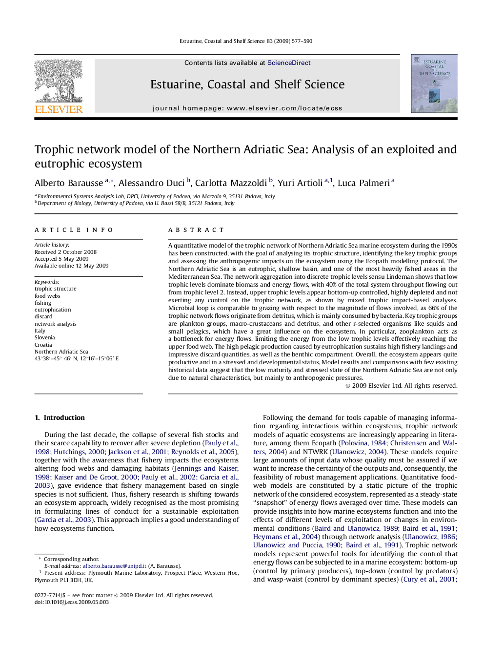 Trophic network model of the Northern Adriatic Sea: Analysis of an exploited and eutrophic ecosystem