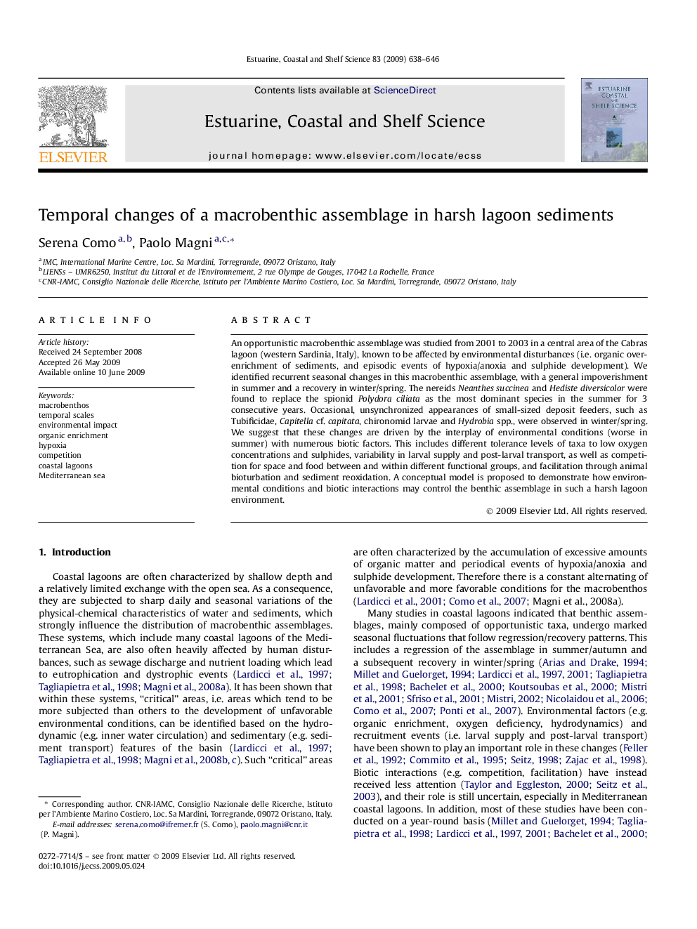 Temporal changes of a macrobenthic assemblage in harsh lagoon sediments